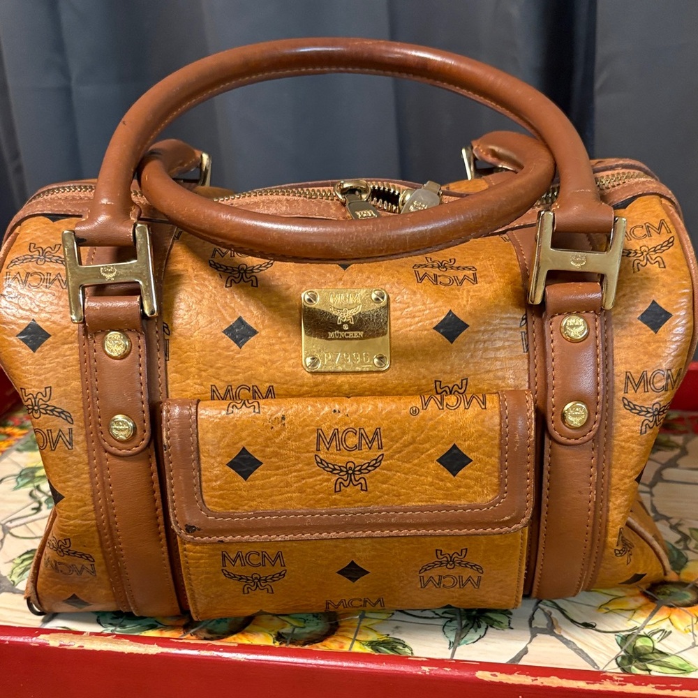 MCM Cognac Brown Monogram Satchel